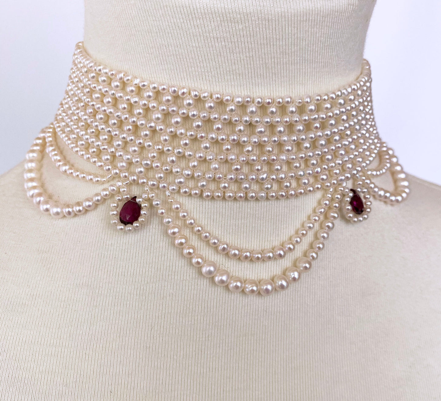 Woven Pearl Choker with Pearl Drapes, Garnet Briolettes and 14 K Gold