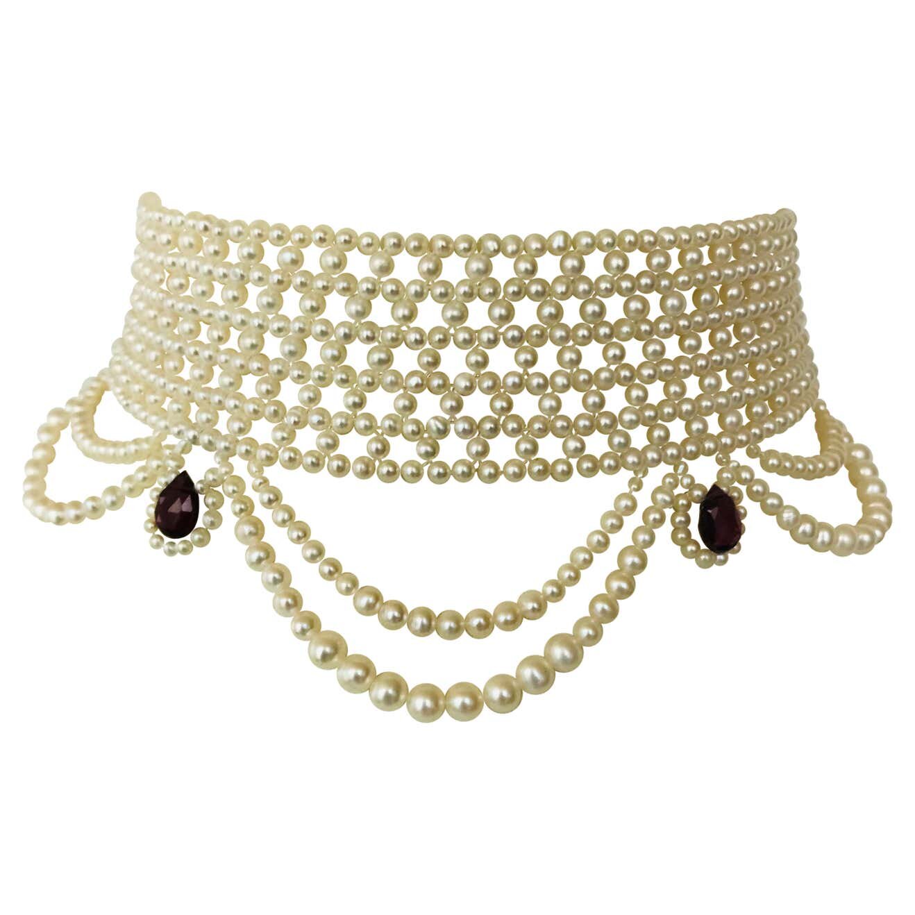 Woven Pearl Choker with Pearl Drapes, Garnet Briolettes and 14 K Gold