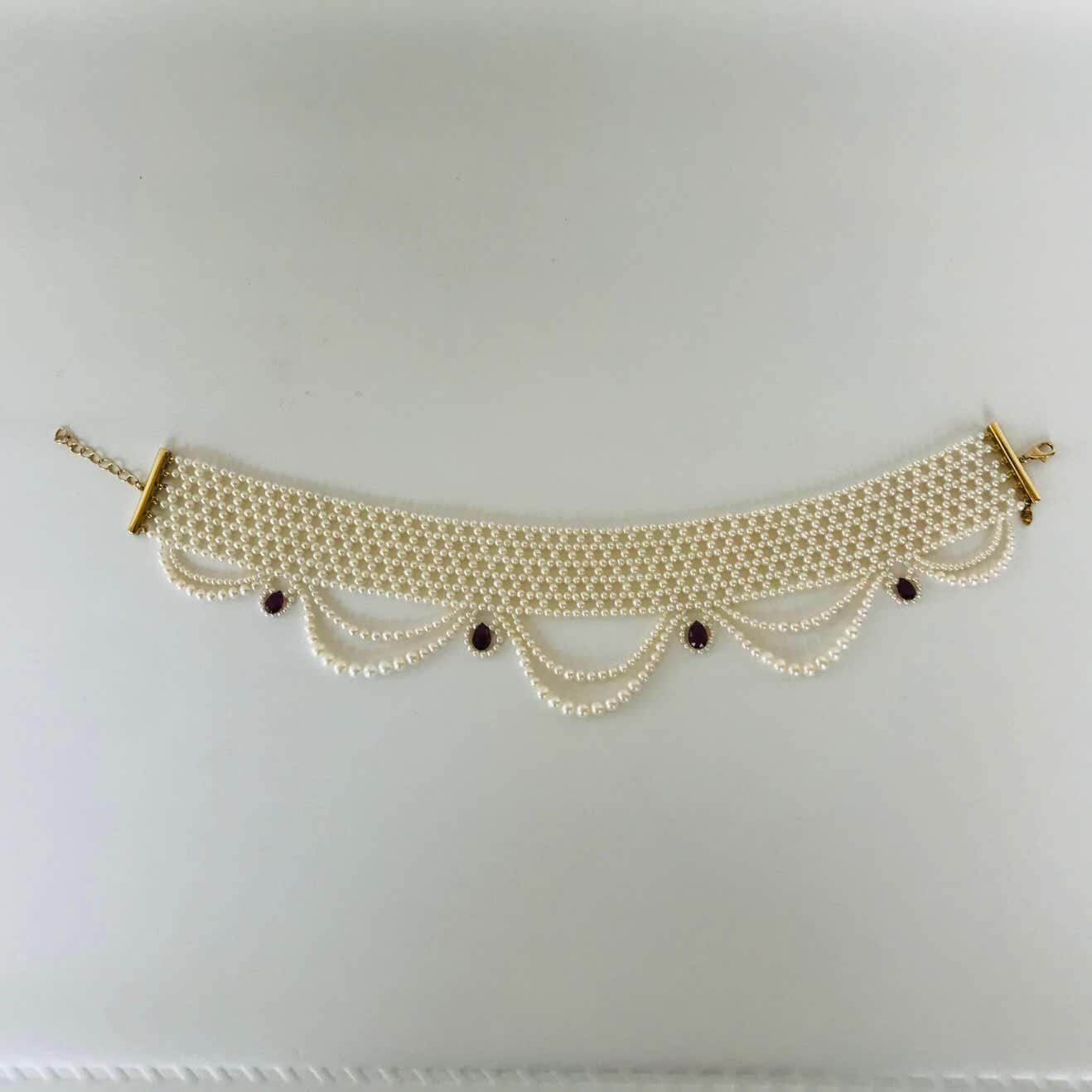 Woven Pearl Choker with Pearl Drapes, Garnet Briolettes and 14 K Gold