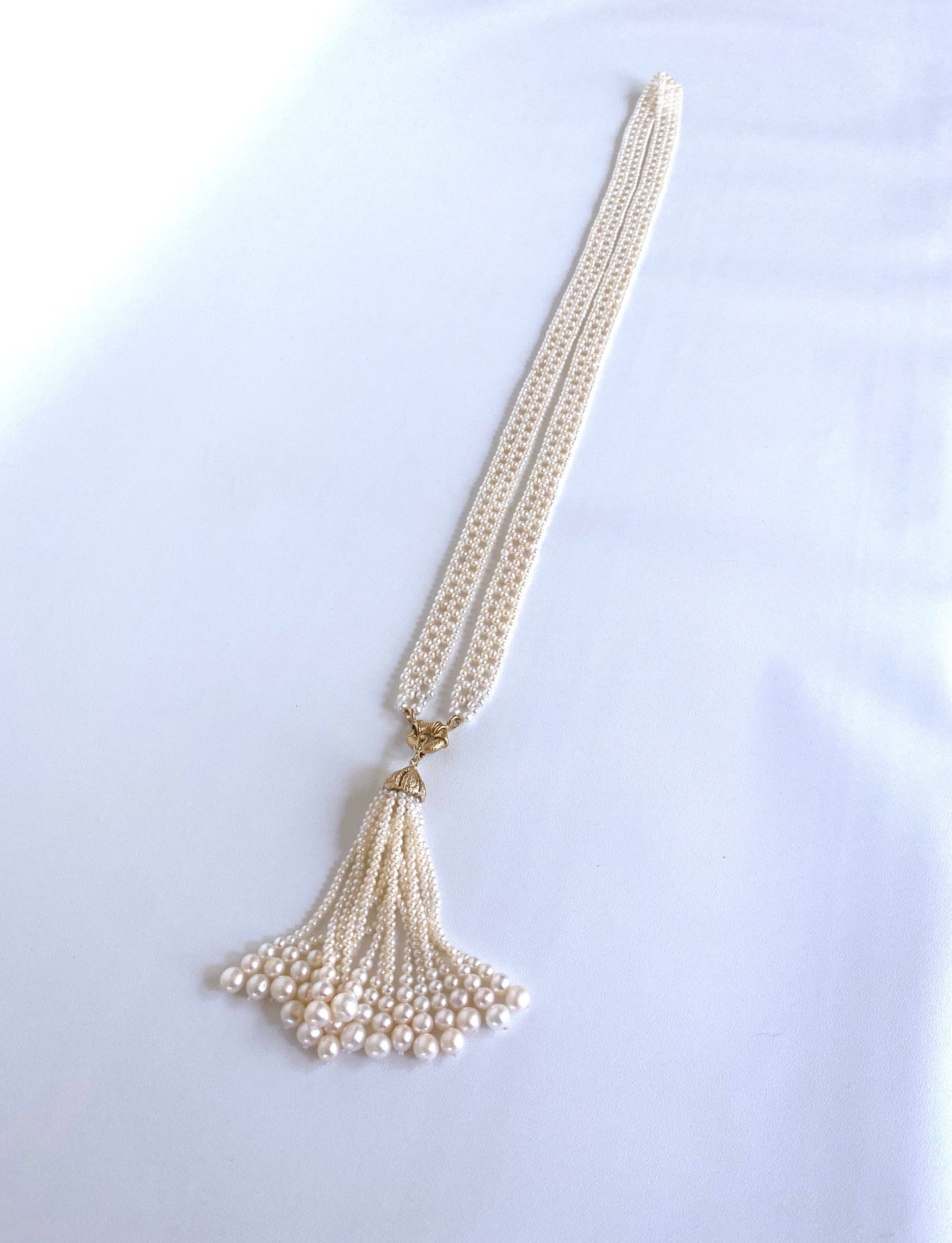 All Pearl Woven Sautoir with Diamond Encrusted 14k Yellow Gold