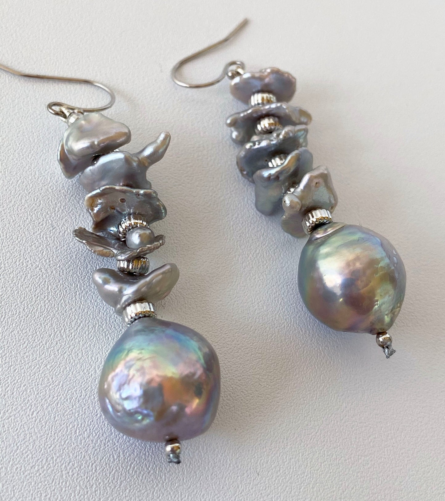 Baroque Pearl Dangle Earrings with Iridescent Grey Pearl and 14K Gold
