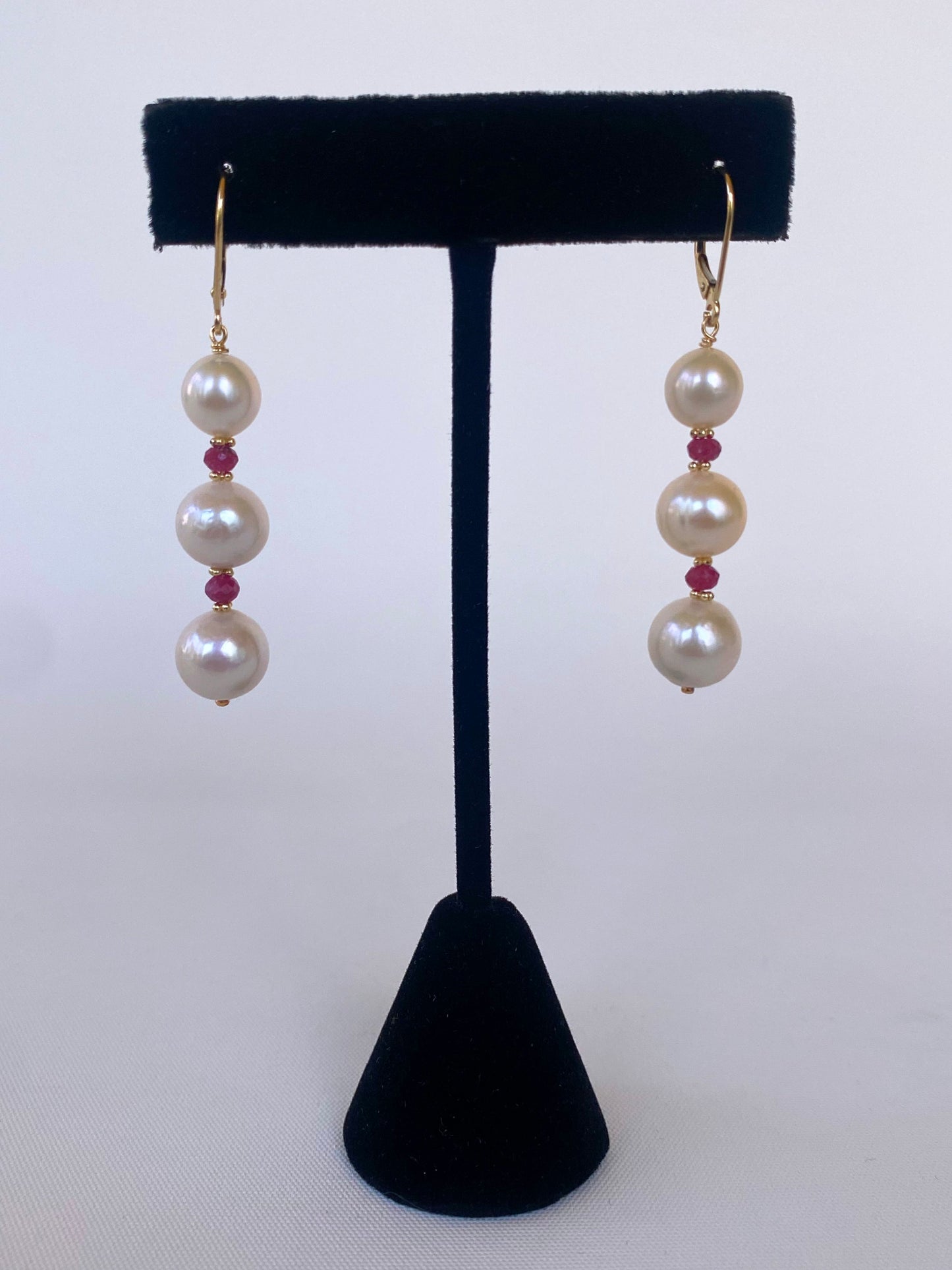 Pearl, Ruby & 14k Yellow Gold Lever Back Earrings