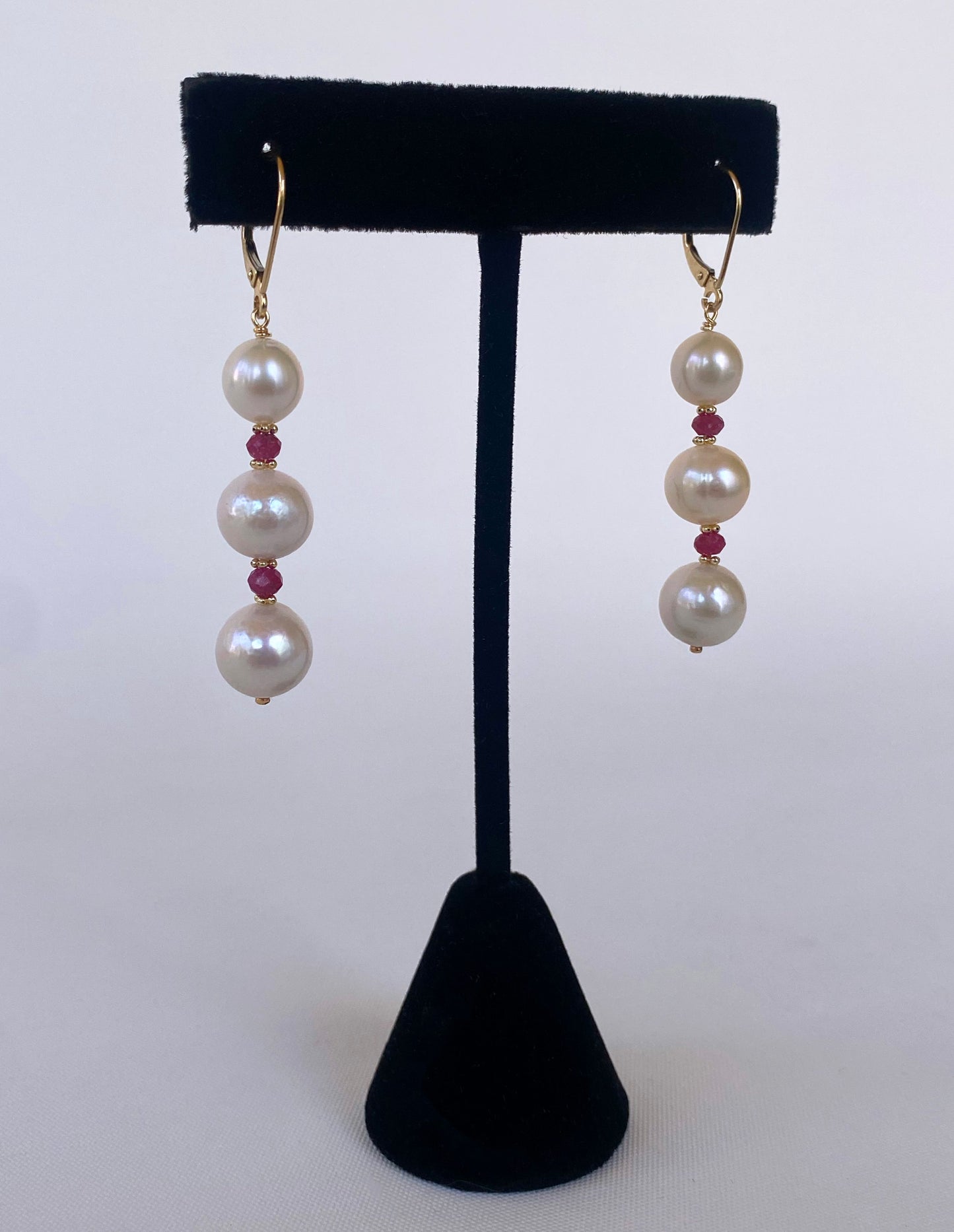 Pearl, Ruby & 14k Yellow Gold Lever Back Earrings