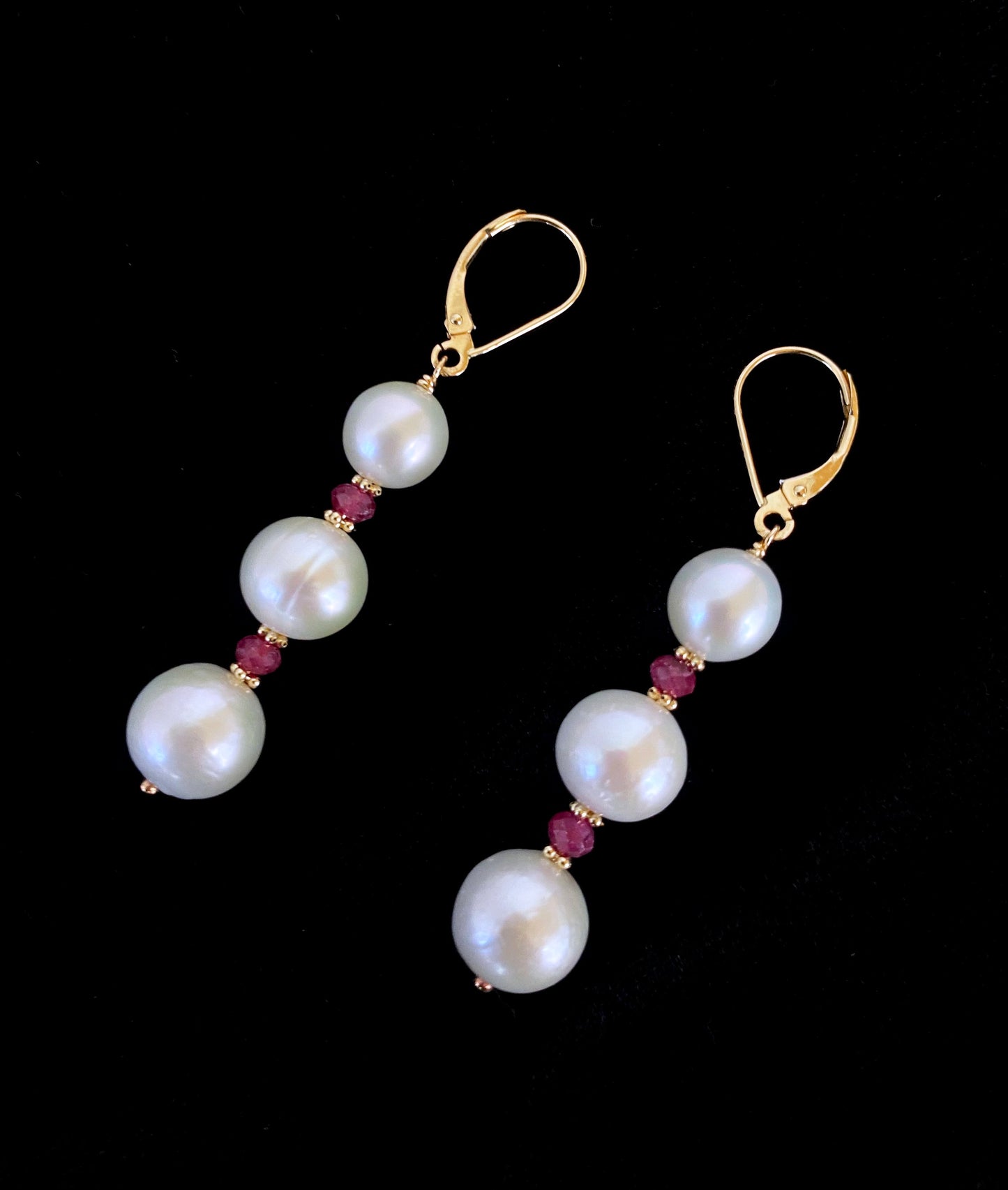 Pearl, Ruby & 14k Yellow Gold Lever Back Earrings