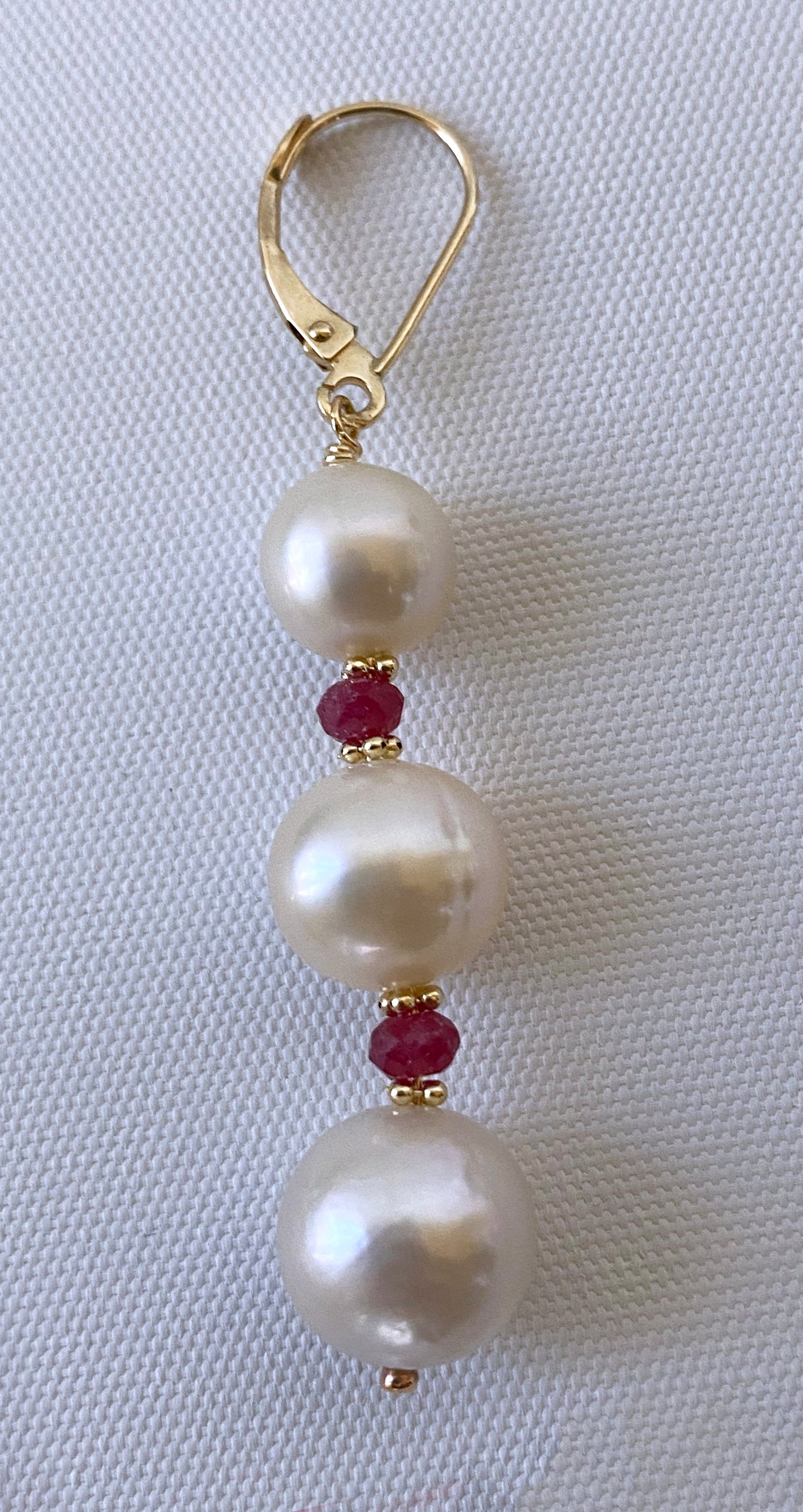 Pearl, Ruby & 14k Yellow Gold Lever Back Earrings