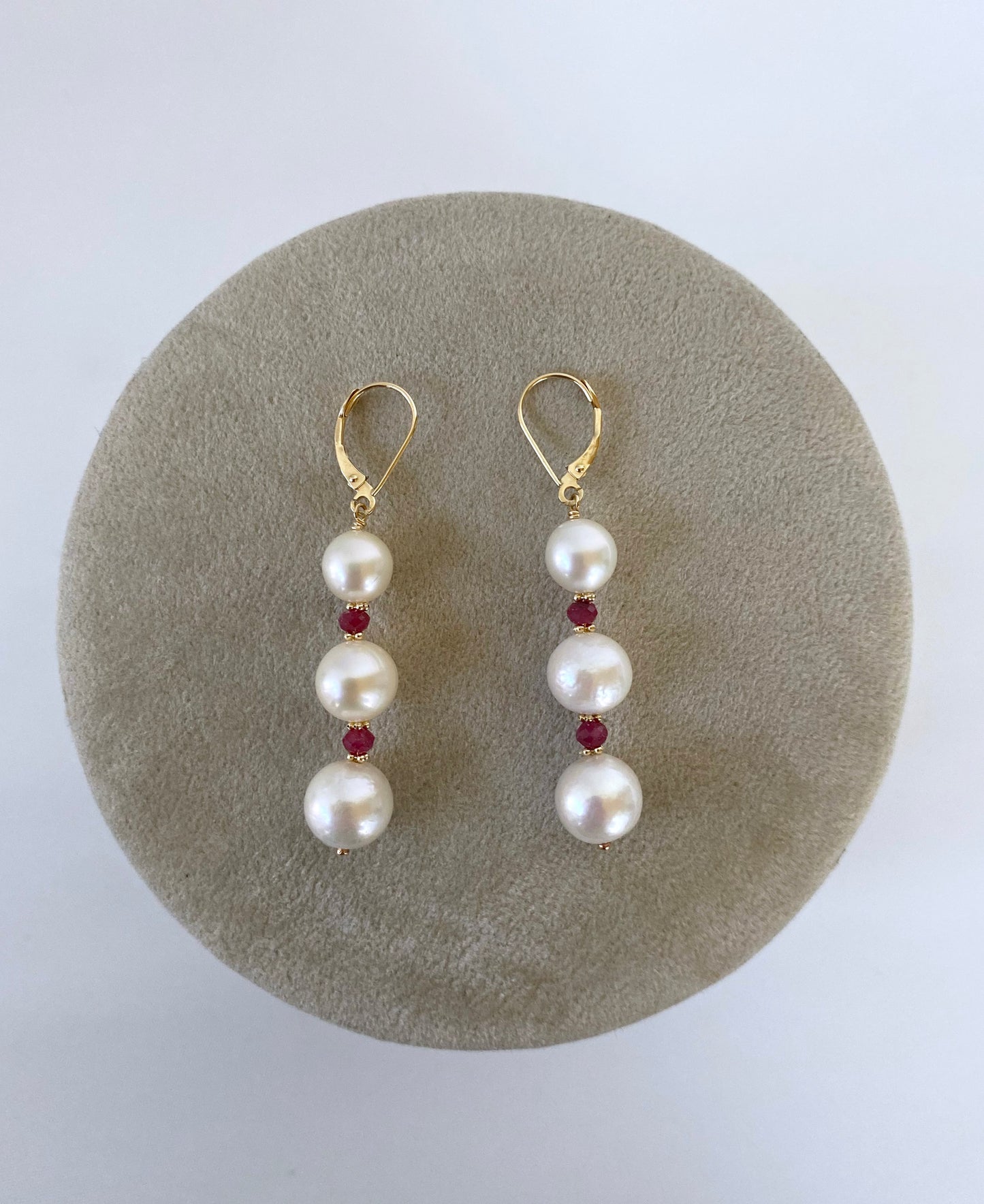 Pearl, Ruby & 14k Yellow Gold Lever Back Earrings