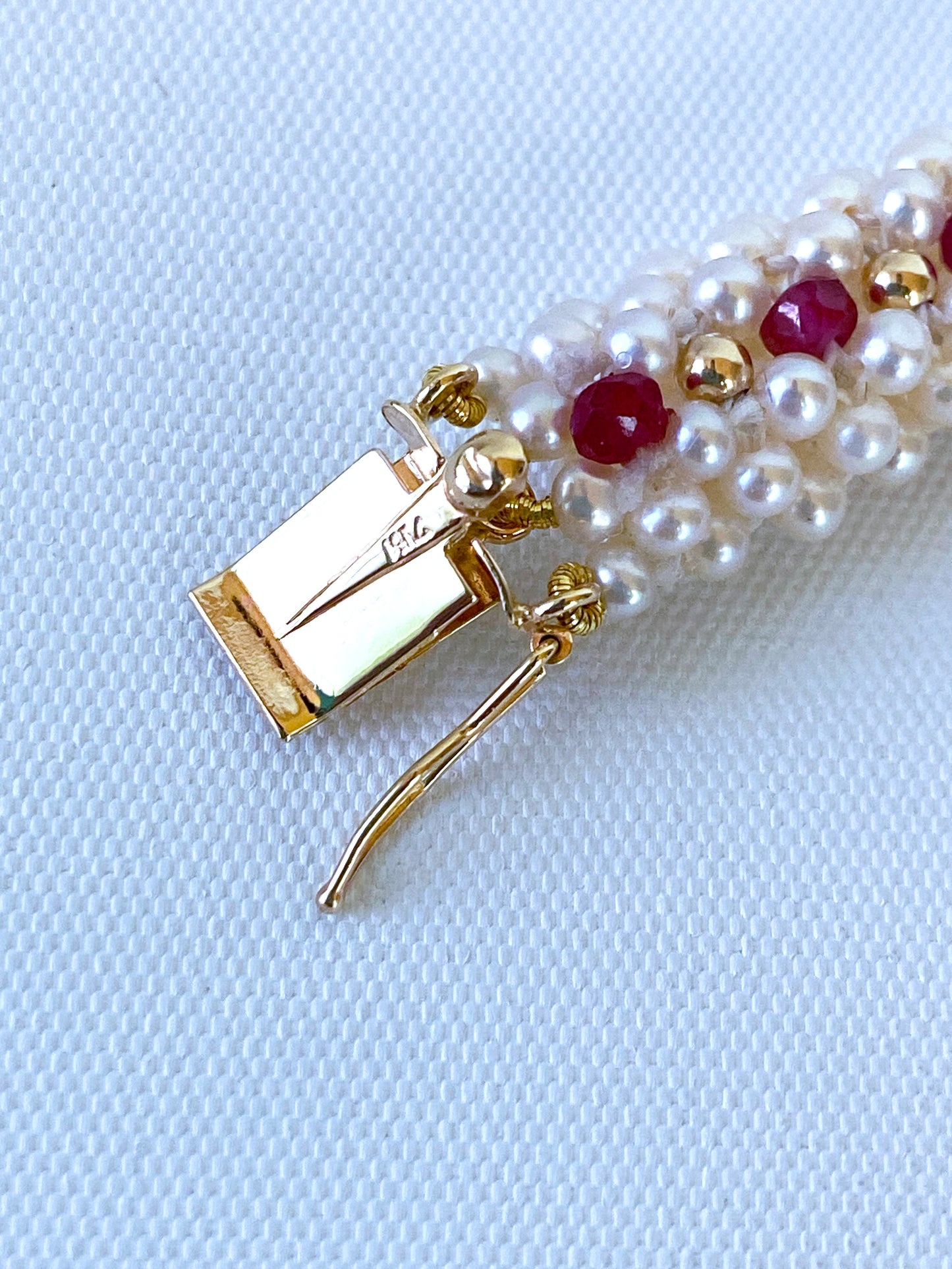 Vintage 14k Yellow Gold Watch with Woven Pearl, Ruby Band & Gold Clasp