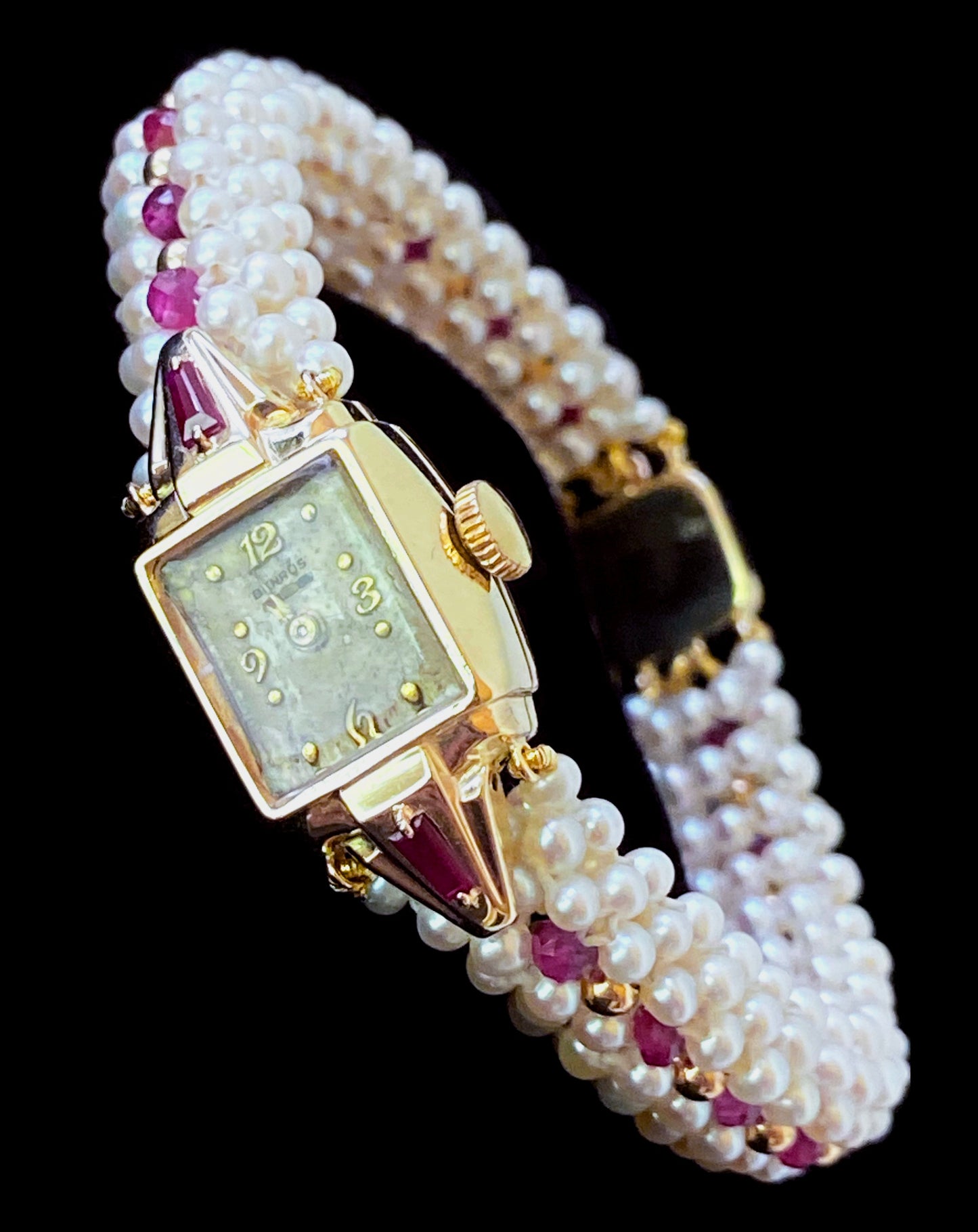 Vintage 14k Yellow Gold Watch with Woven Pearl, Ruby Band & Gold Clasp