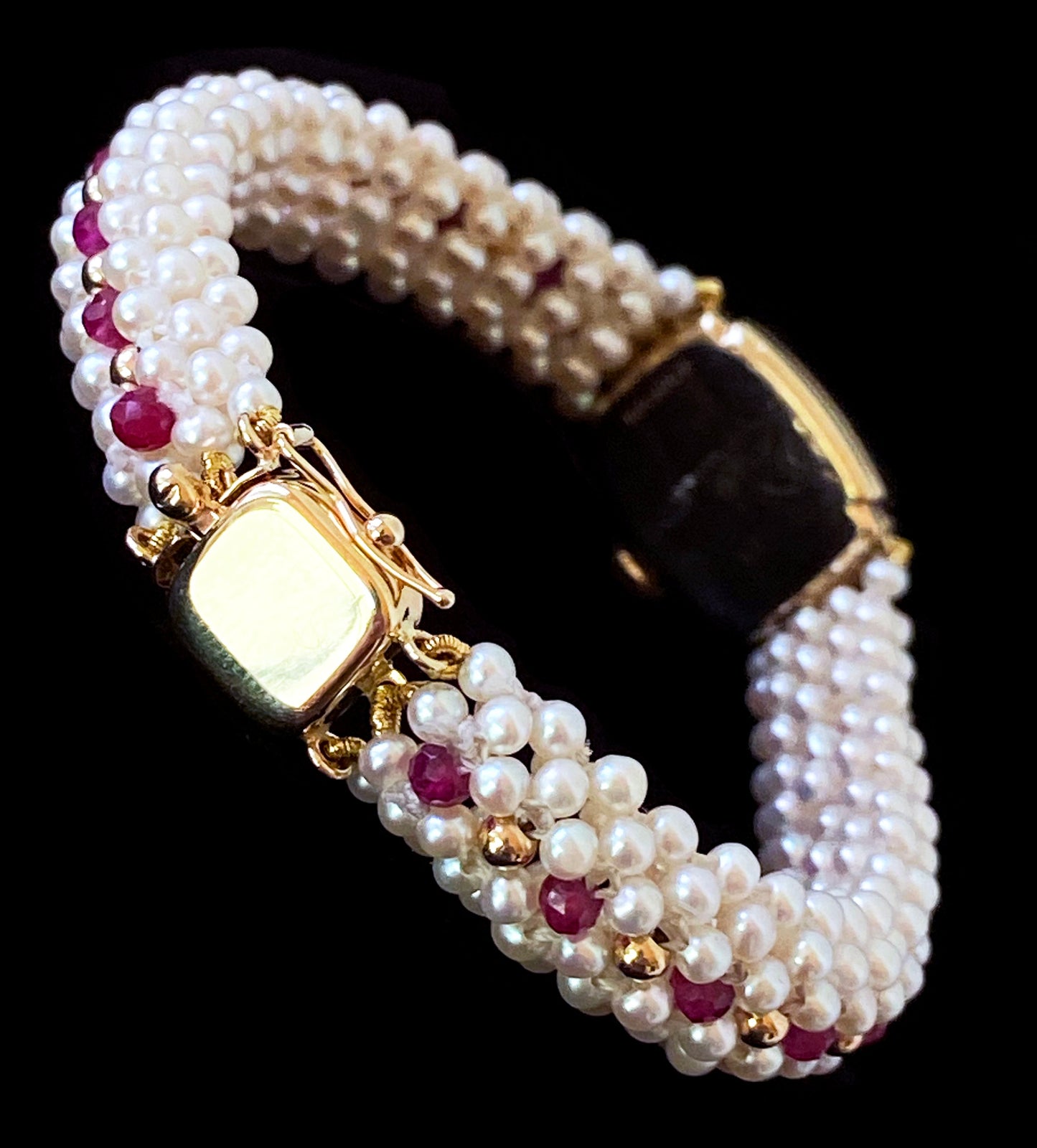 Vintage 14k Yellow Gold Watch with Woven Pearl, Ruby Band & Gold Clasp