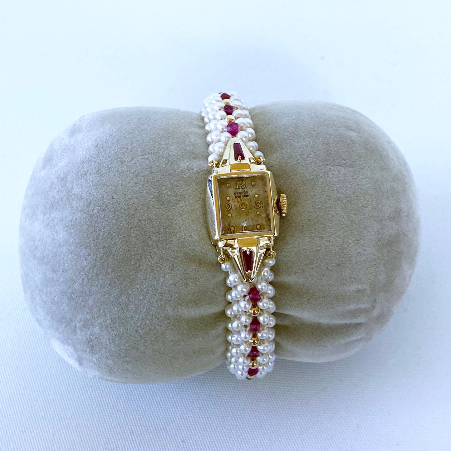 Vintage 14k Yellow Gold Watch with Woven Pearl, Ruby Band & Gold Clasp