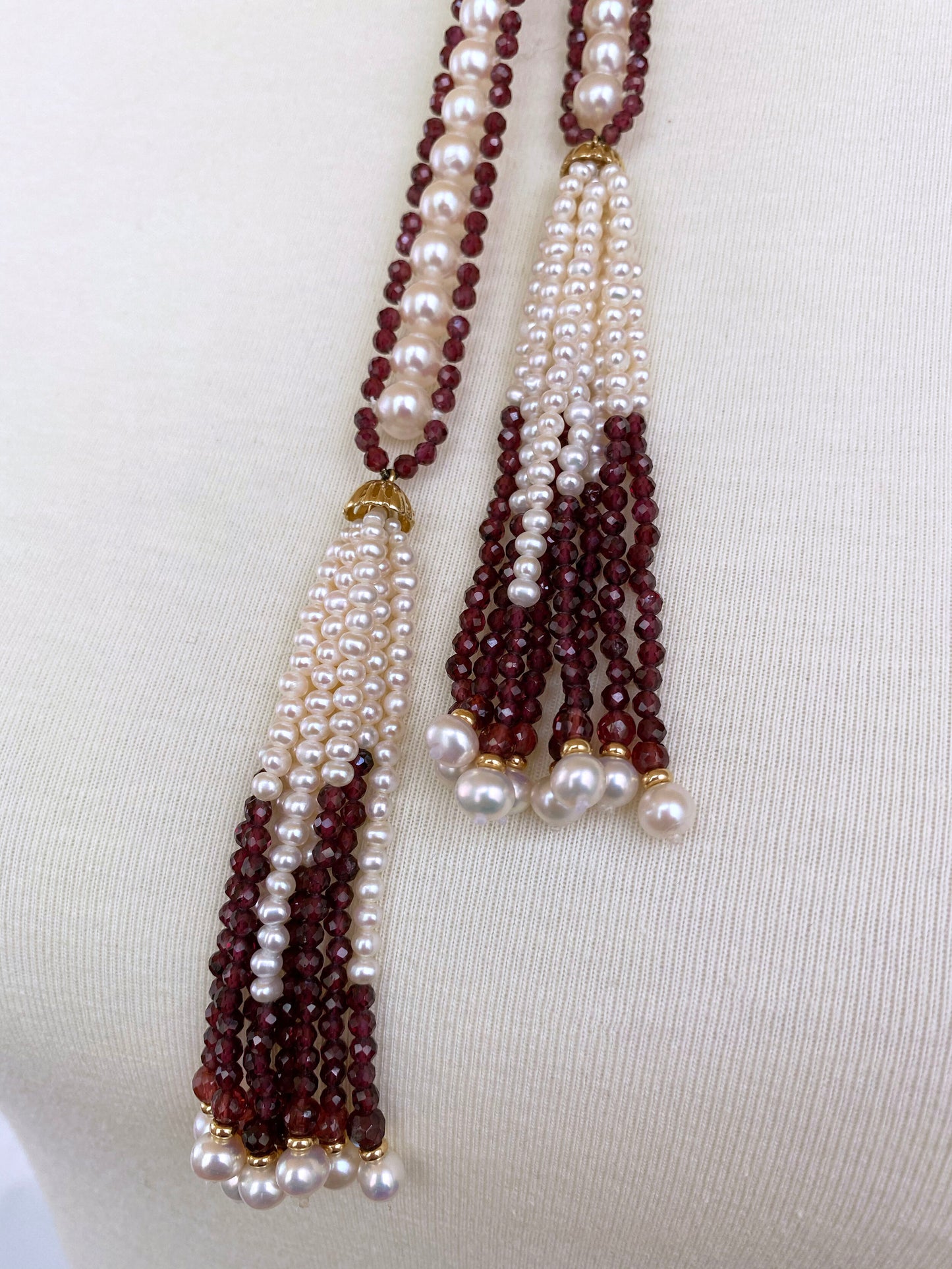 Pearl, Garnet and 14K Yellow Gold Woven Sautoir with Lavish Tassels