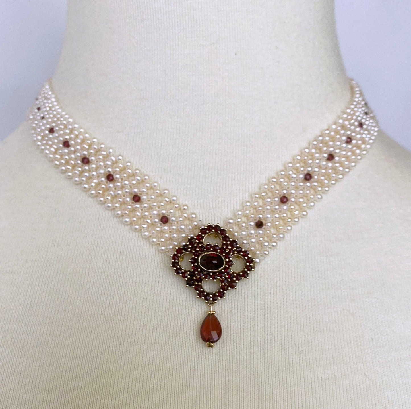 All Pearl Woven Necklace with Vintage Garnet Centerpiece