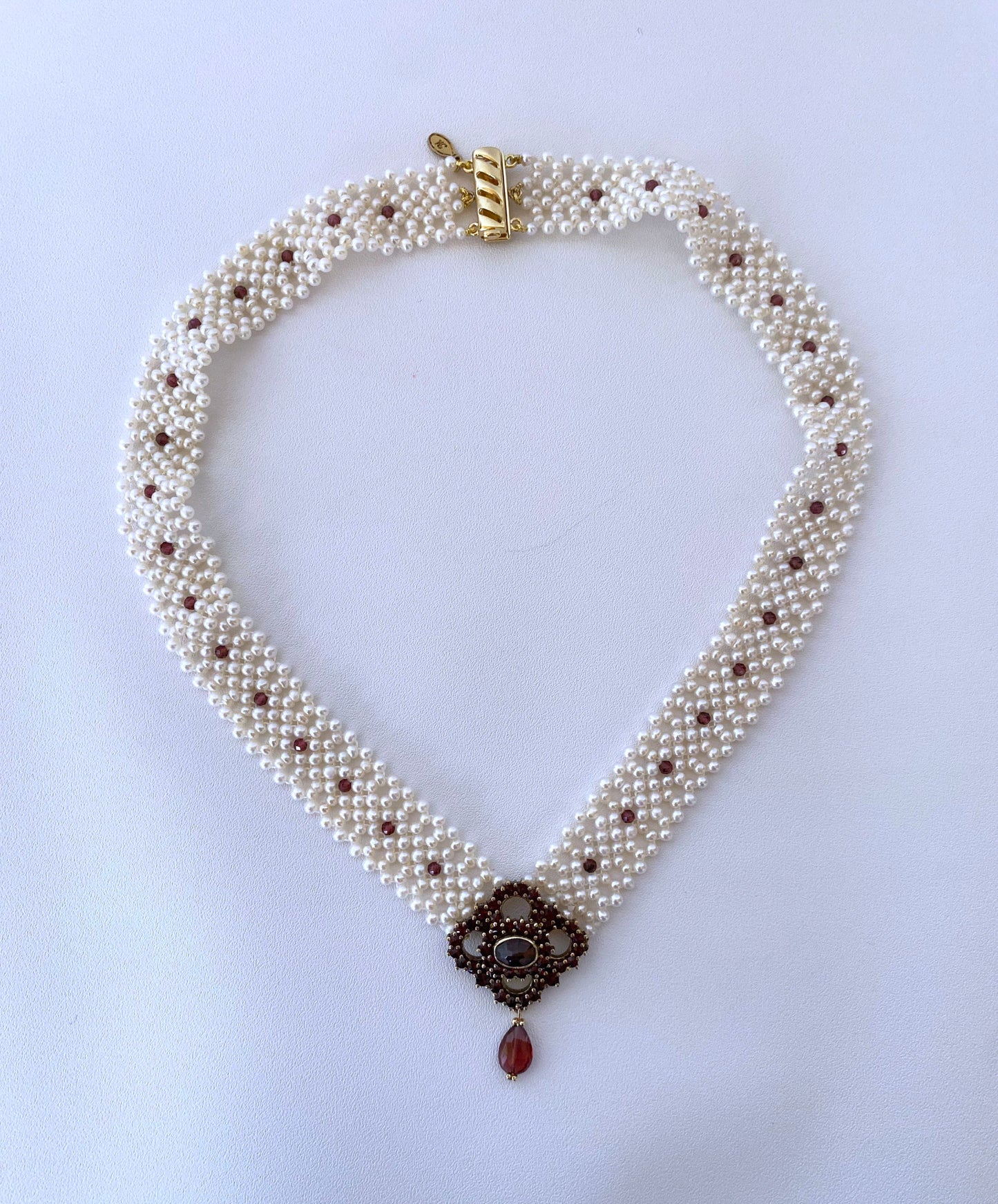 All Pearl Woven Necklace with Vintage Garnet Centerpiece