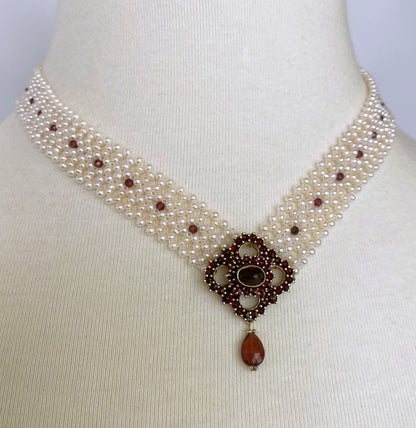 All Pearl Woven Necklace with Vintage Garnet Centerpiece
