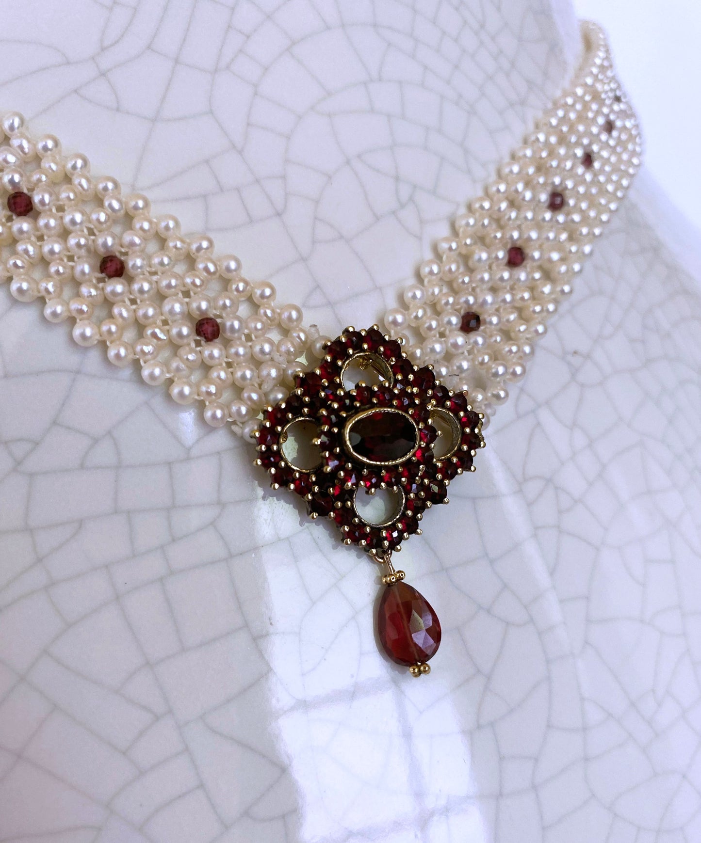 All Pearl Woven Necklace with Vintage Garnet Centerpiece