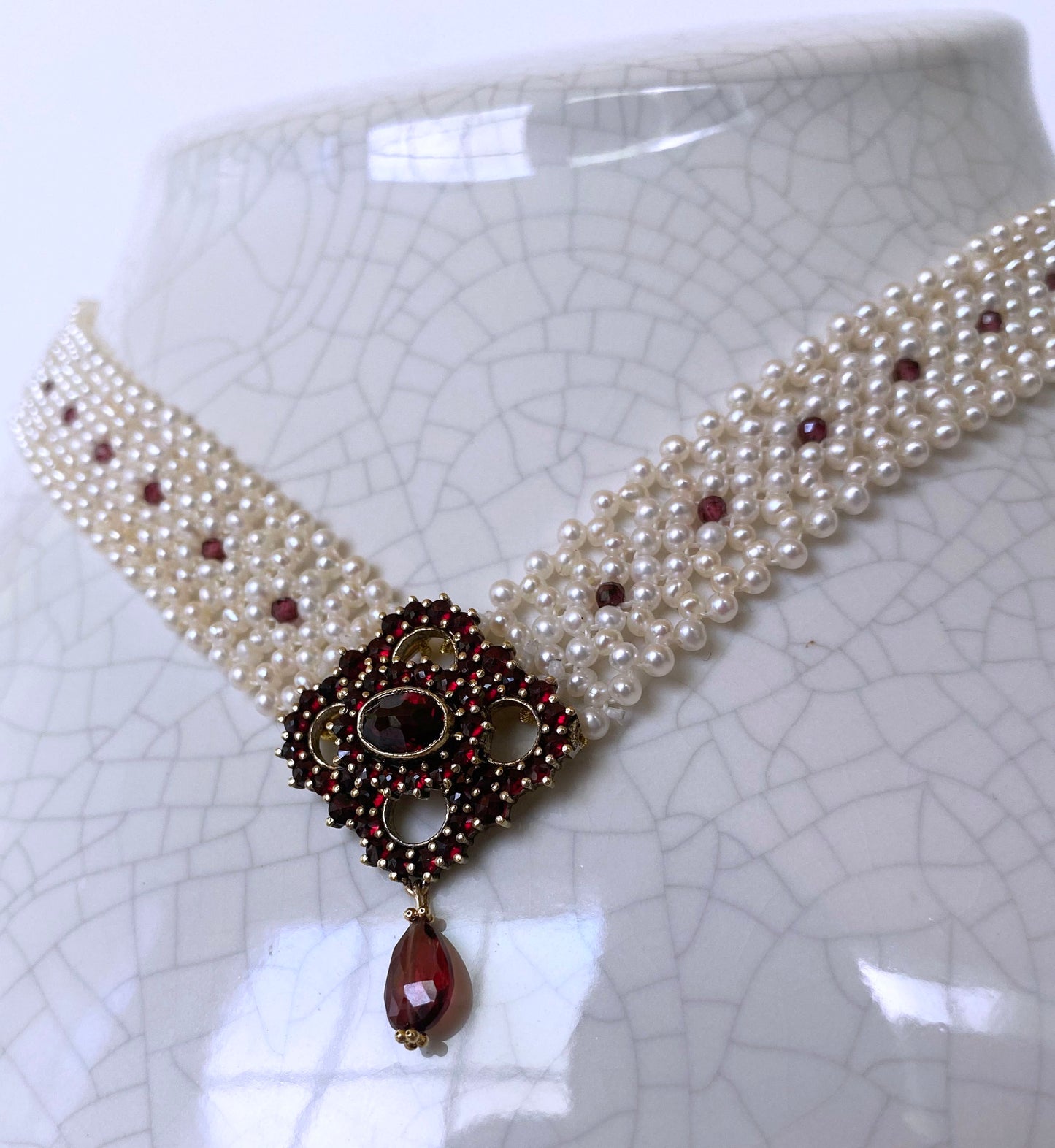 All Pearl Woven Necklace with Vintage Garnet Centerpiece