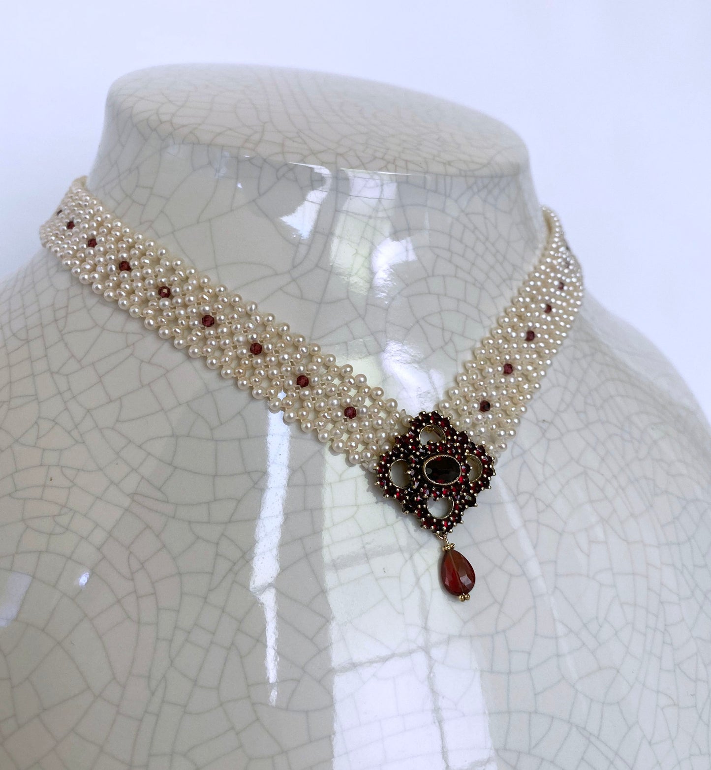 All Pearl Woven Necklace with Vintage Garnet Centerpiece