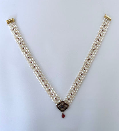 All Pearl Woven Necklace with Vintage Garnet Centerpiece