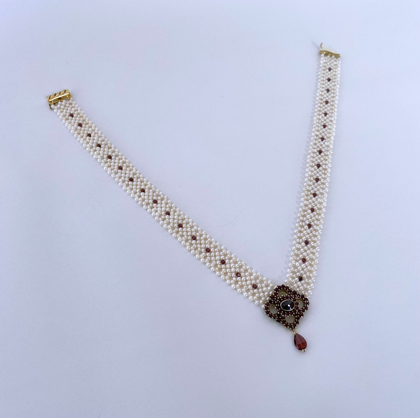 All Pearl Woven Necklace with Vintage Garnet Centerpiece