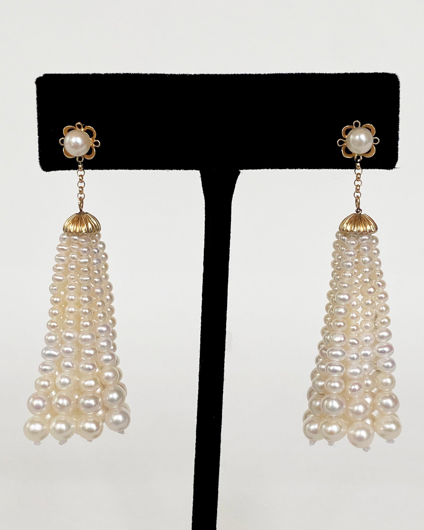 Pearl and Solid 14k Yellow Gold Tassel Earrings