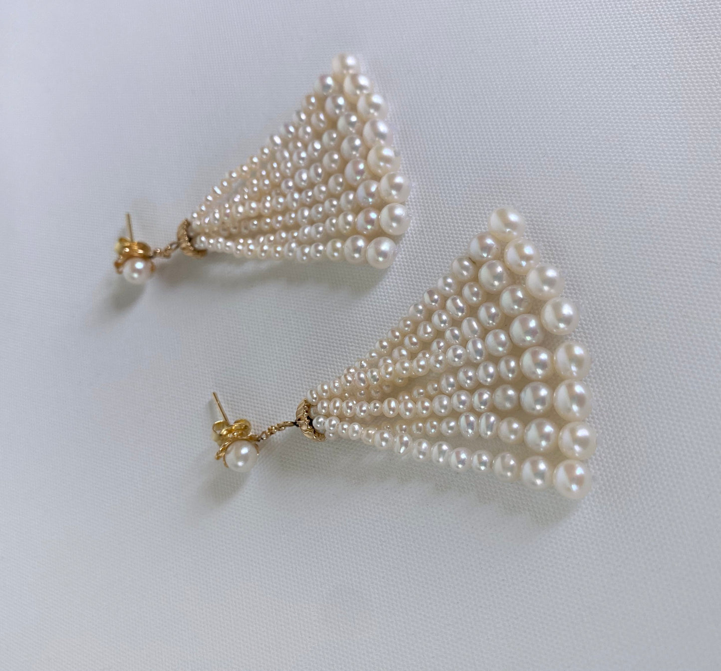 Pearl and Solid 14k Yellow Gold Tassel Earrings with Floral Motif