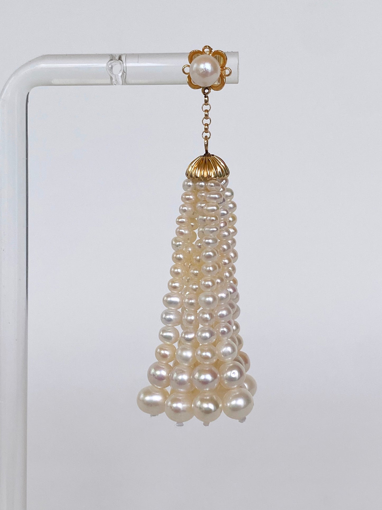 Pearl and Solid 14k Yellow Gold Tassel Earrings