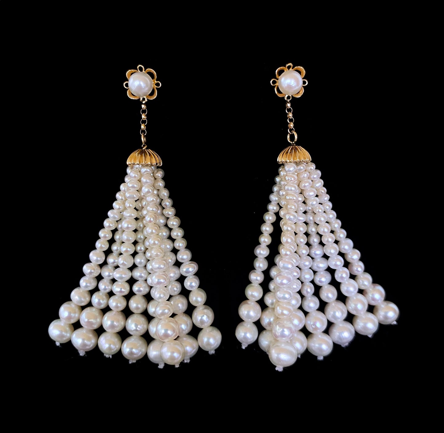 Pearl and Solid 14k Yellow Gold Tassel Earrings