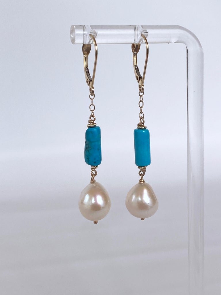 14k, Turquoise & Baroque Pearl Lever Back Earrings