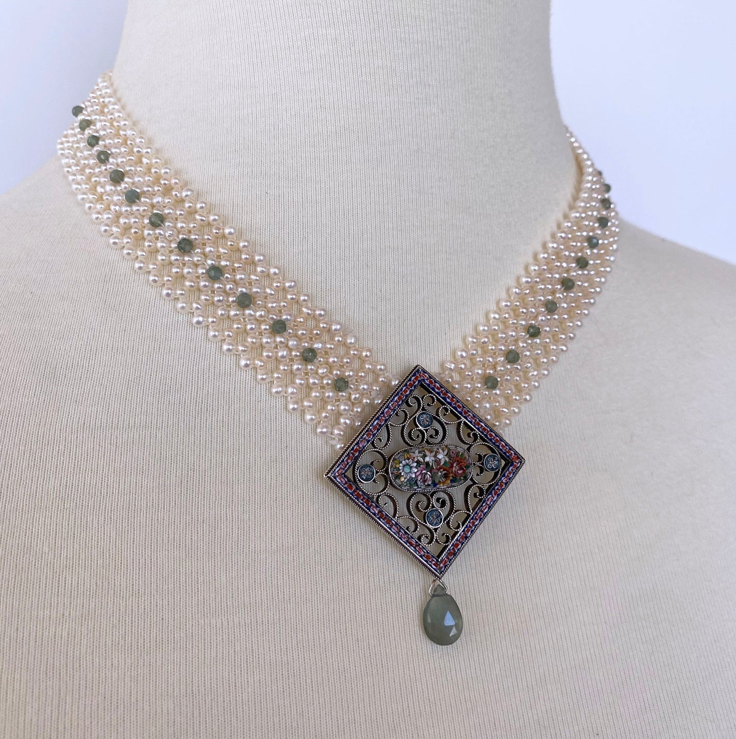 One of a kind Woven Pearl Necklace with Vintage Mosaic Centerpiece Status: Published - Marketplace