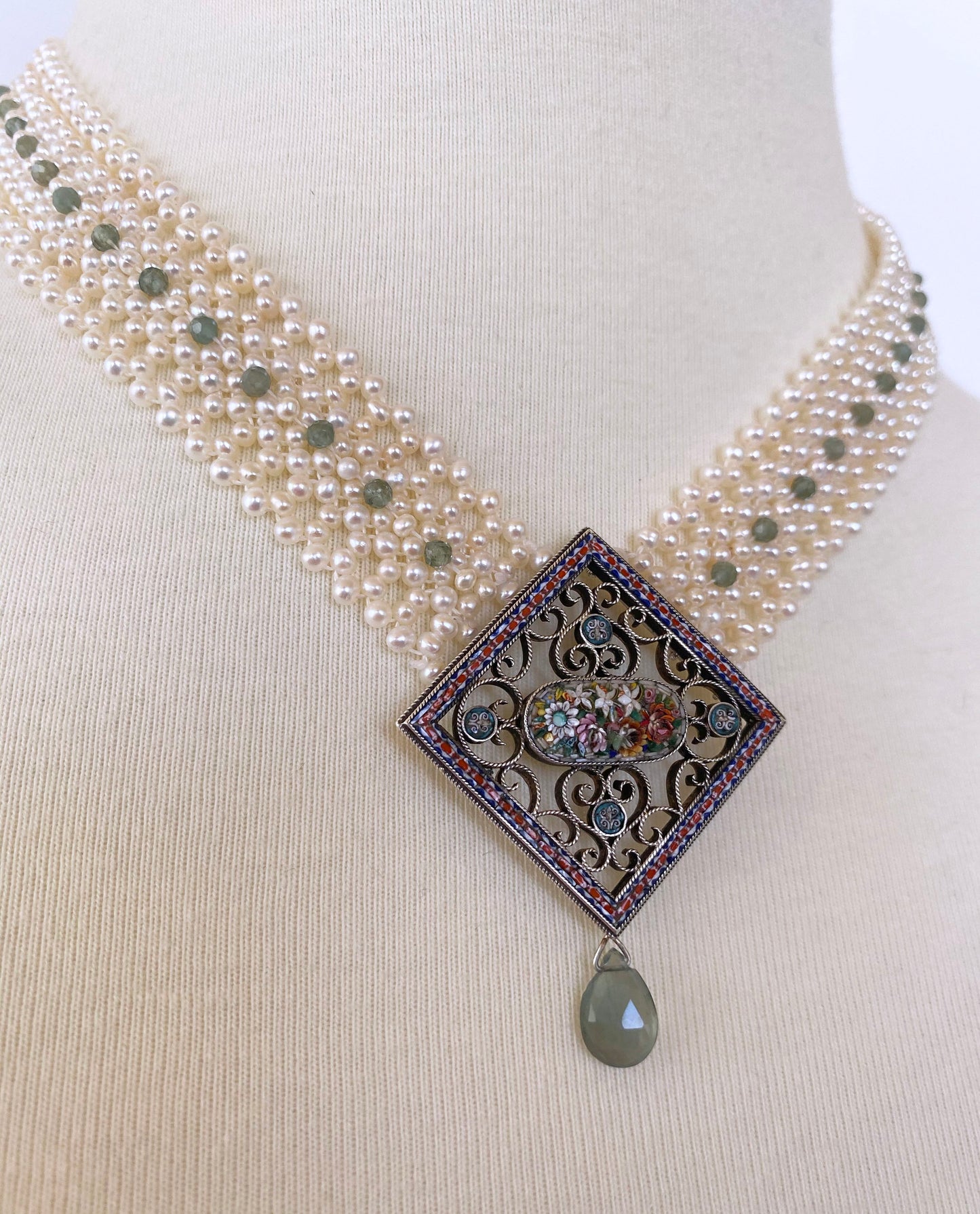 One of a kind Woven Pearl Necklace with Vintage Mosaic Centerpiece Status: Published - Marketplace