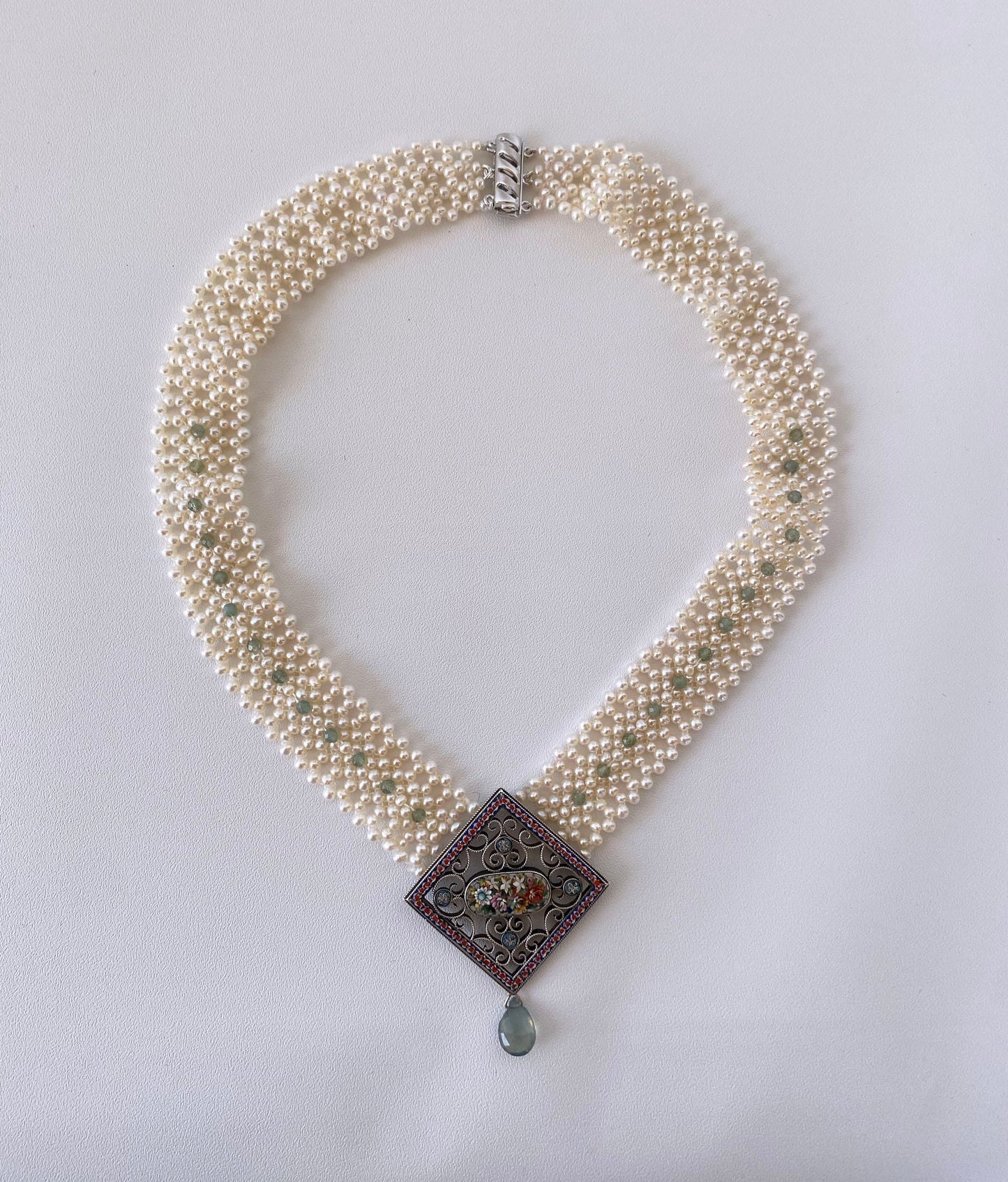 One of a kind Woven Pearl Necklace with Vintage Mosaic Centerpiece Status: Published - Marketplace