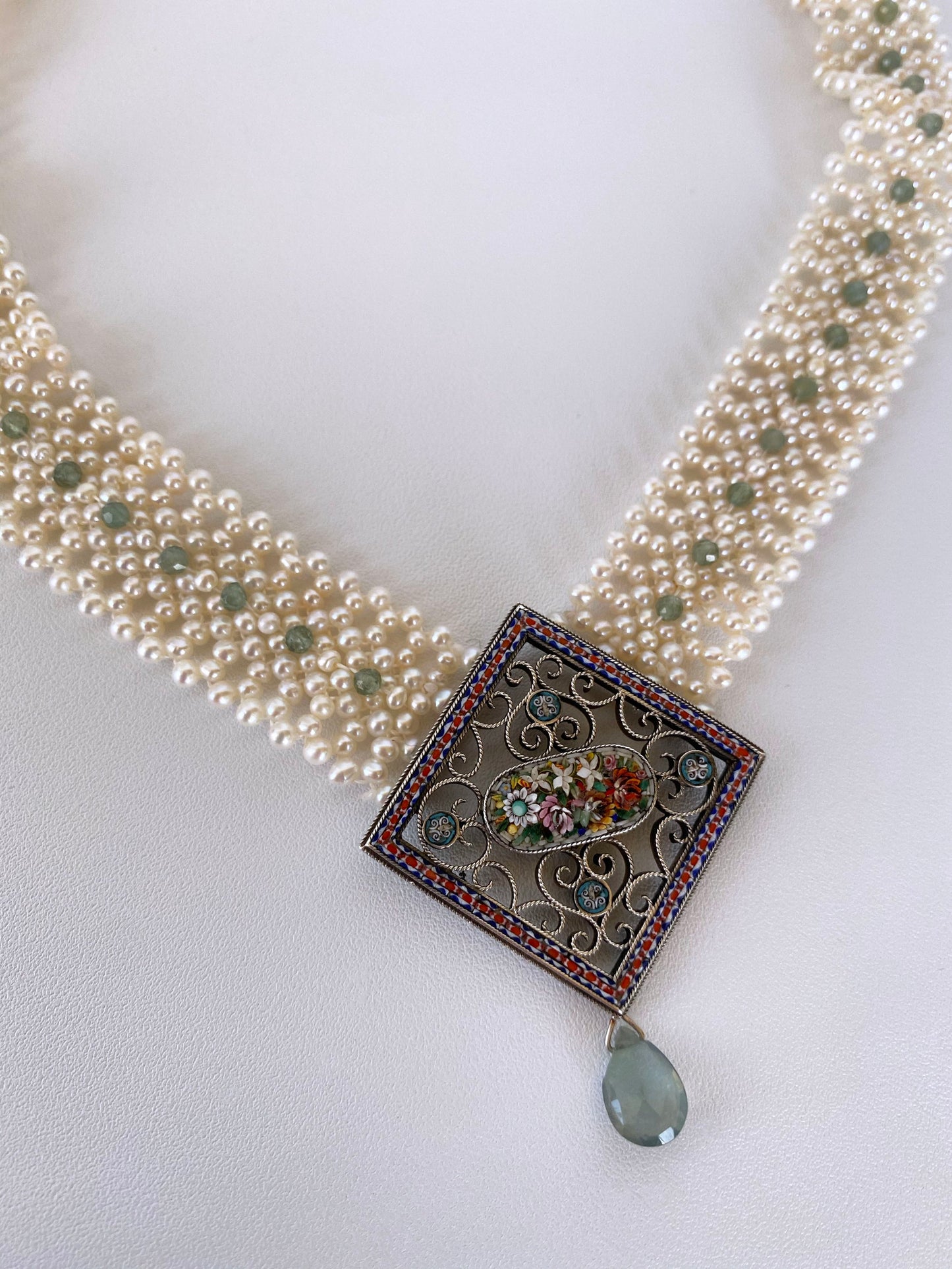 One of a kind Woven Pearl Necklace with Vintage Mosaic Centerpiece Status: Published - Marketplace