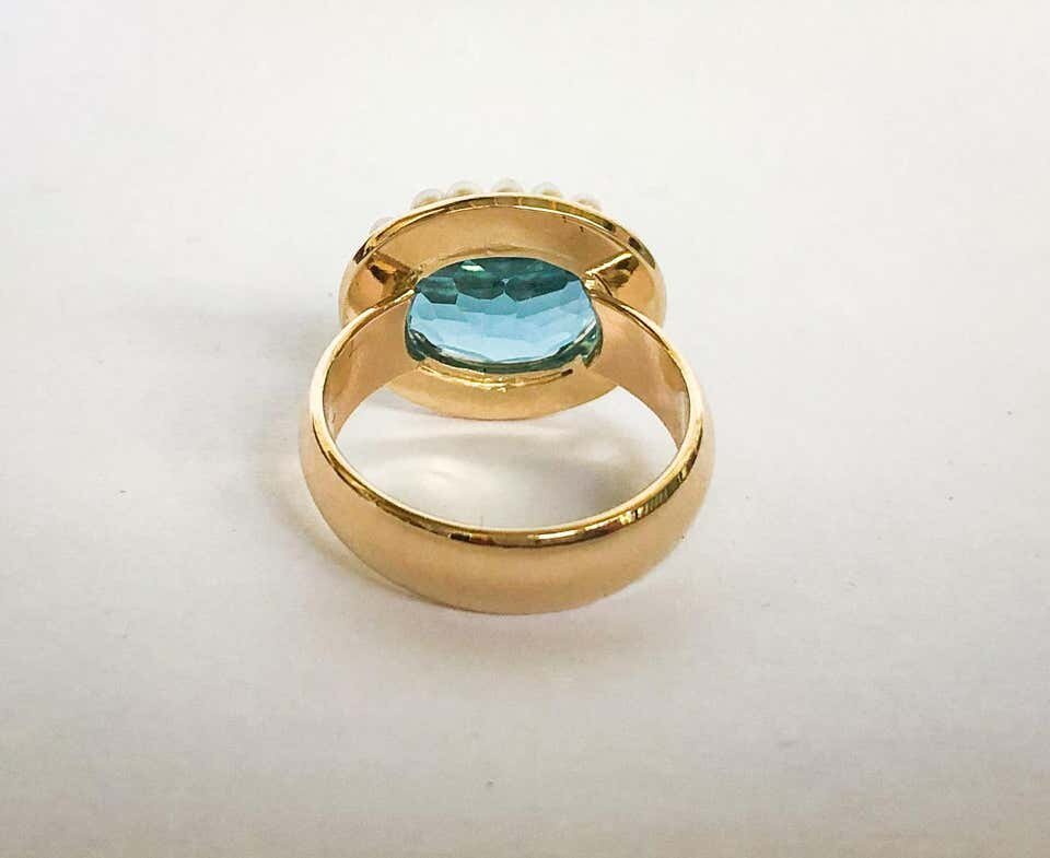 Blue Topaz Ring with Seed Pearls and 14 Karat Gold Band