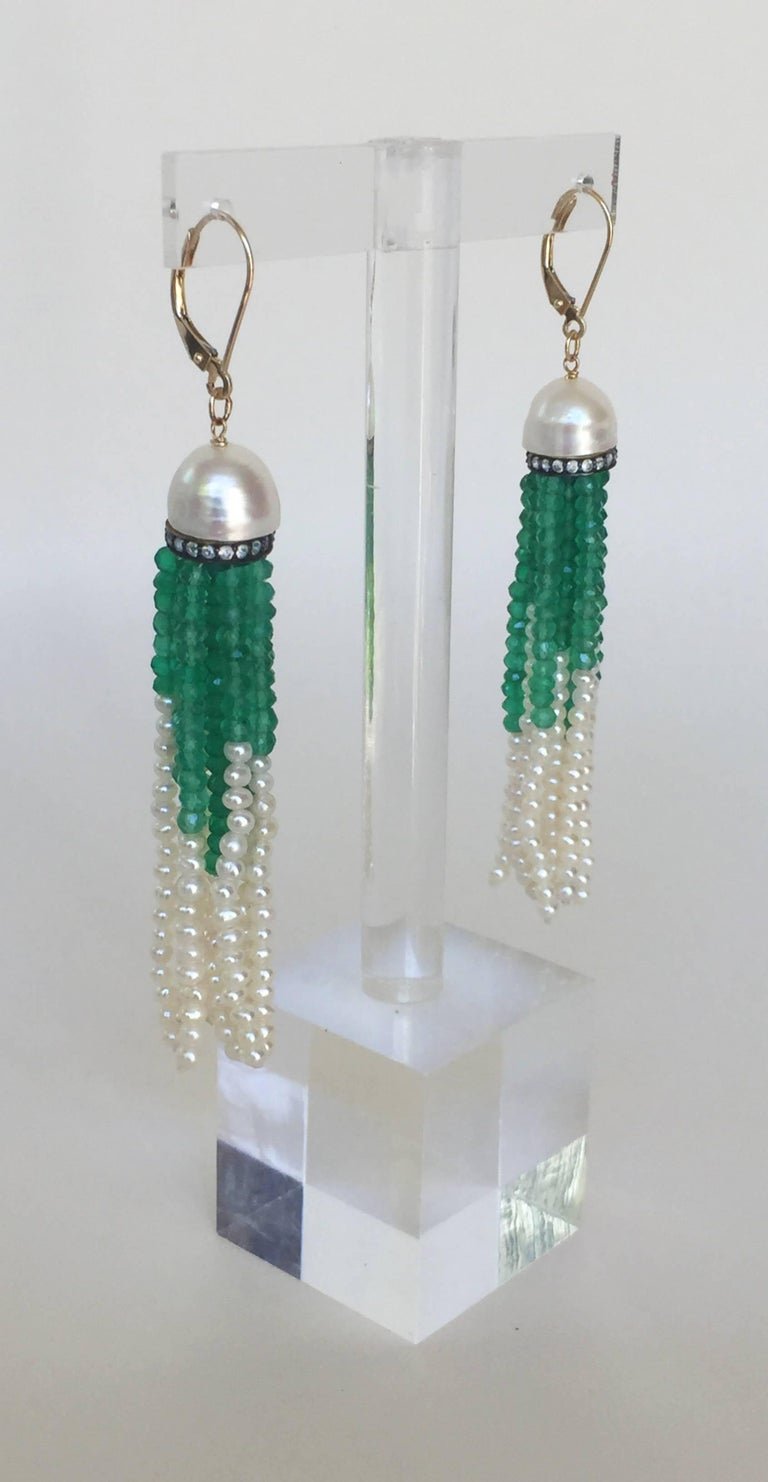 Pearl with Diamonds and Green Onyx Tassel Earrings
