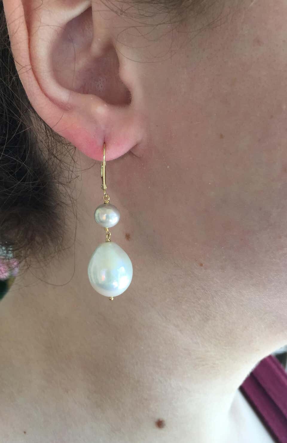 White and Grey Pearl Drop Earrings with 14 K Yellow Gold Lever Backs