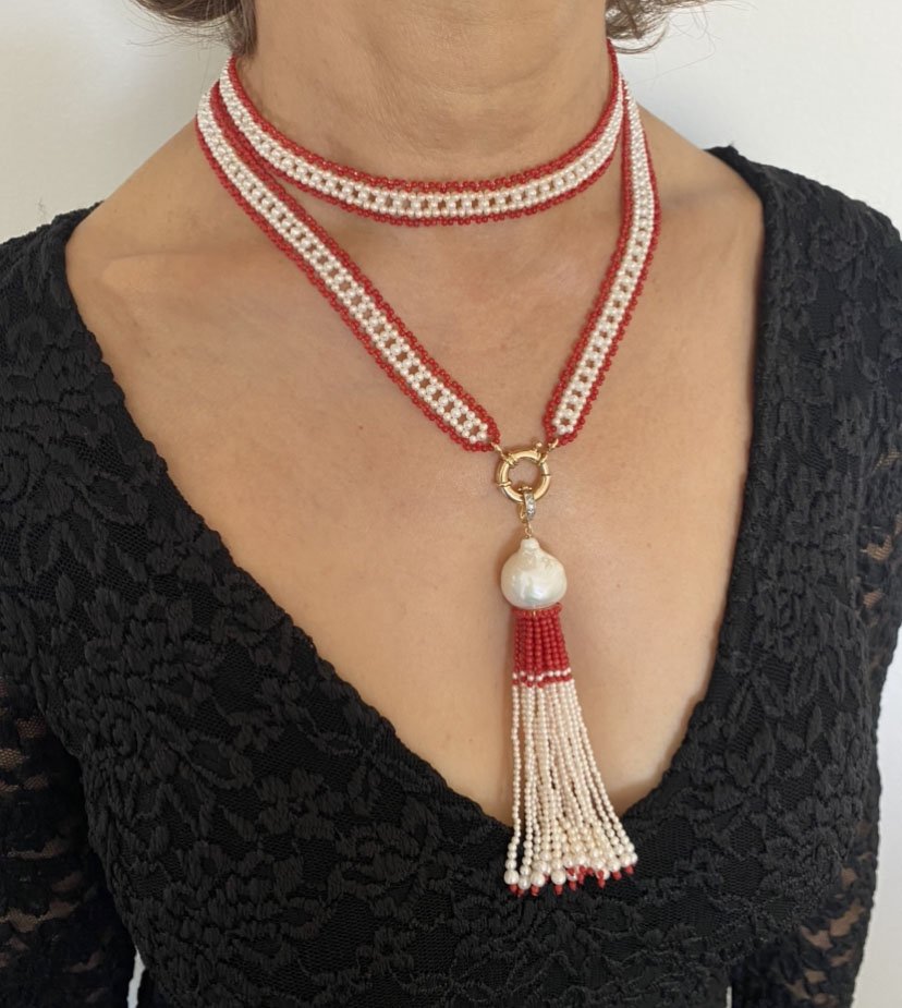 Fine Woven Coral & Pearl Satuoir with Baroque Tassel & 14k Yellow Gold