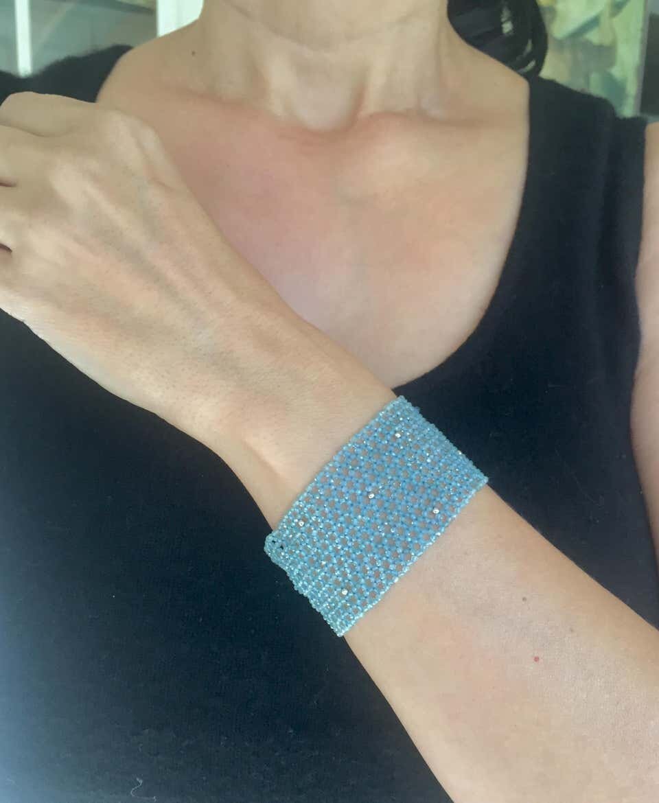 Woven Aquamarine & 14K White Gold Cuff Bracelet with Sterling Silver Clasp