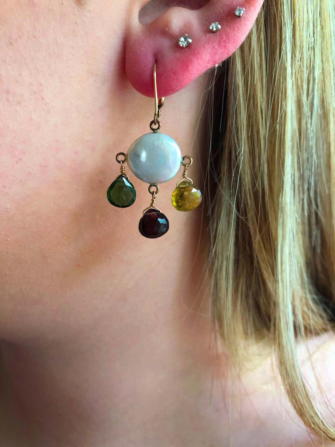 Multicolor Tourmaline, Pearls and 14 k Yellow Gold Earrings