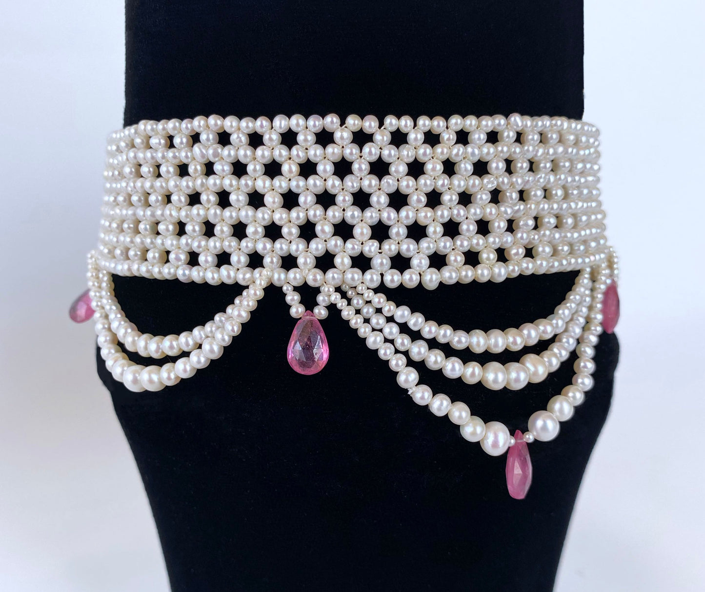 Pink Sapphire & Pearl Woven Choker with Rhodium Plated Silver Clasp