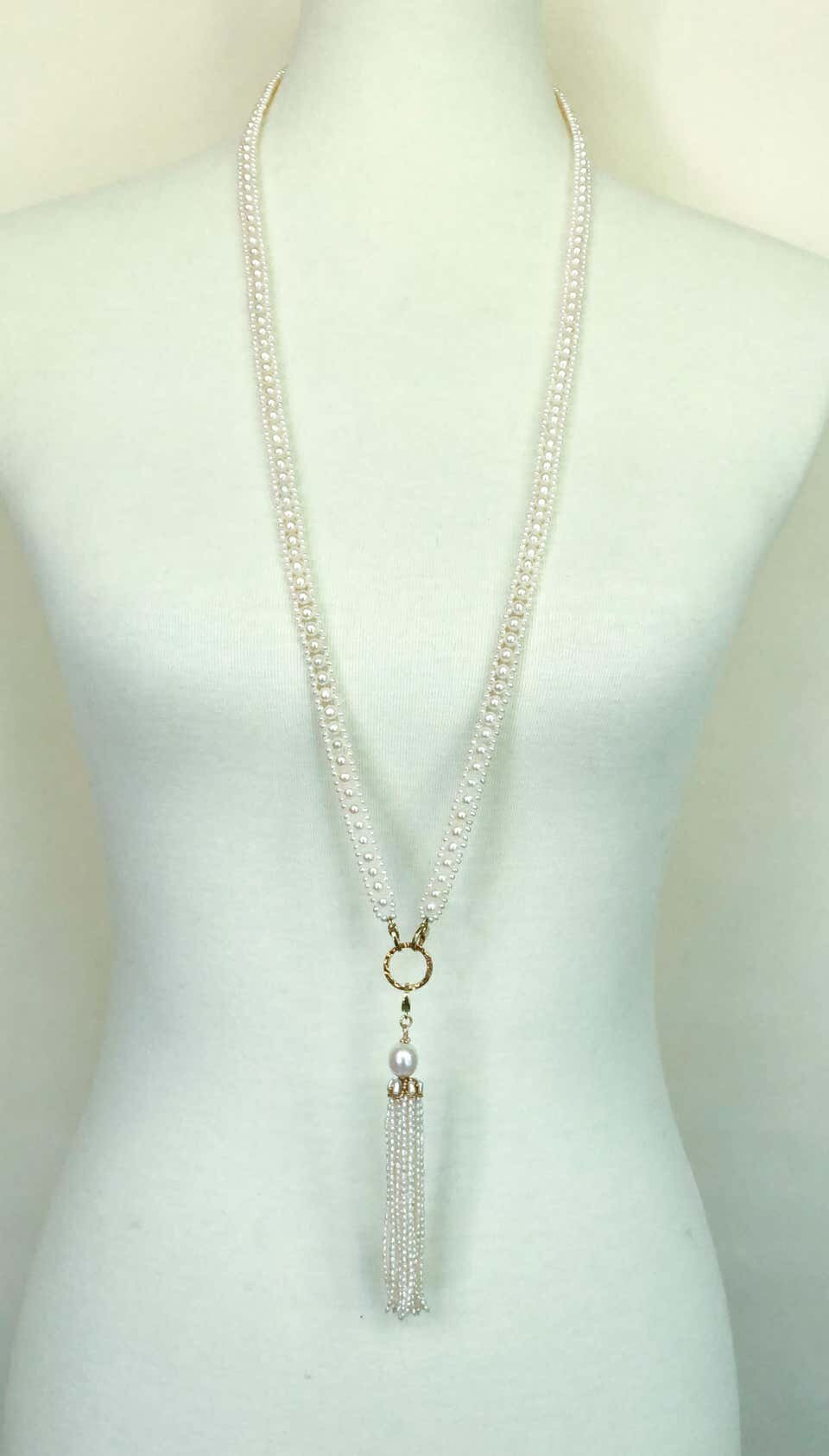 Woven Pearl Necklace with 14k Gold Ring and Removable Pearl Tassel