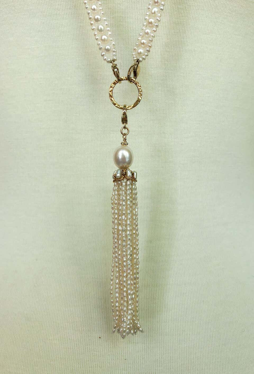 Woven Pearl Necklace with 14k Gold Ring and Removable Pearl Tassel
