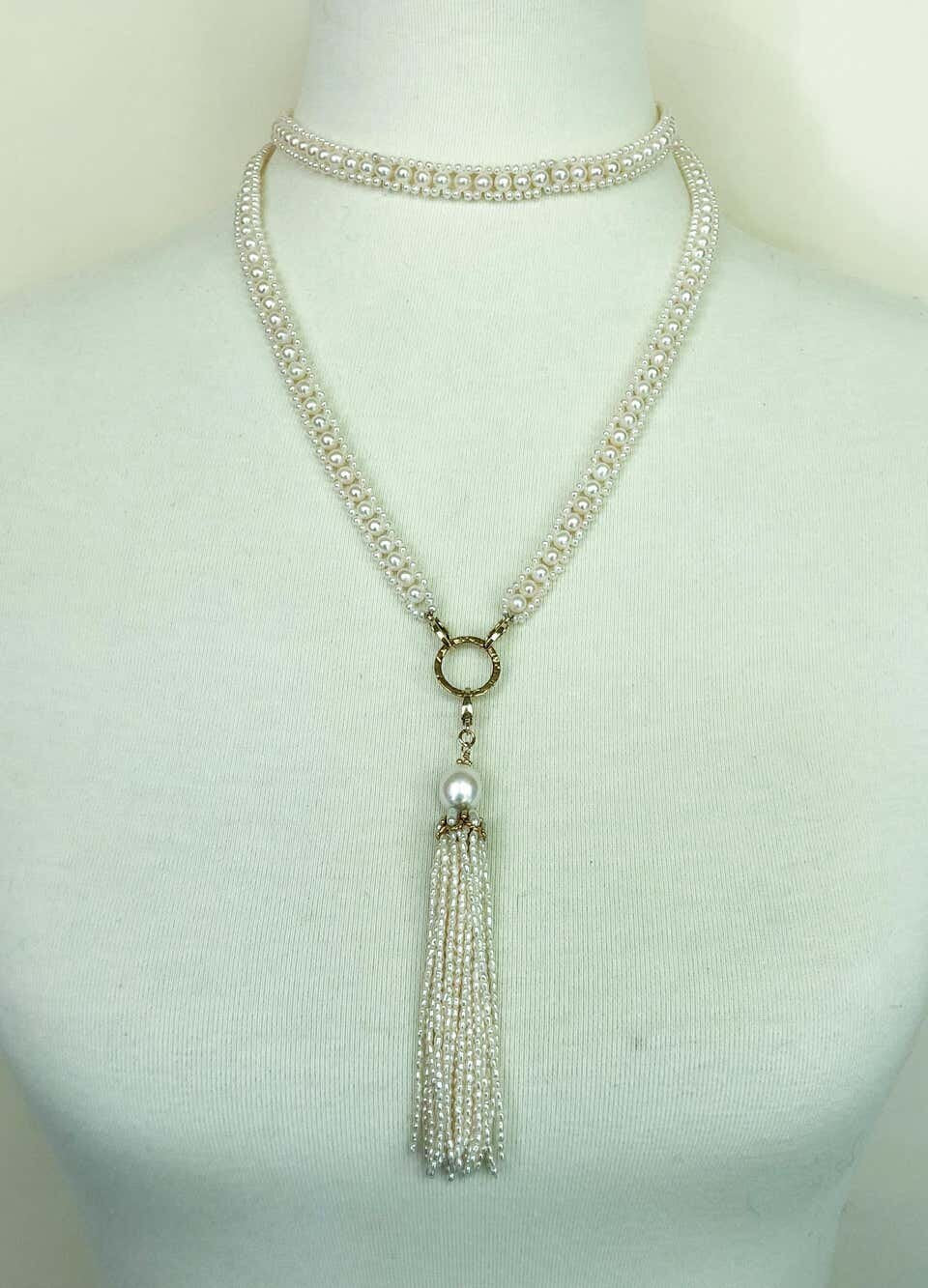 Woven Pearl Necklace with 14k Gold Ring and Removable Pearl Tassel