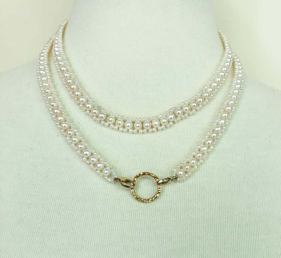 Woven Pearl Necklace with 14k Gold Ring and Removable Pearl Tassel