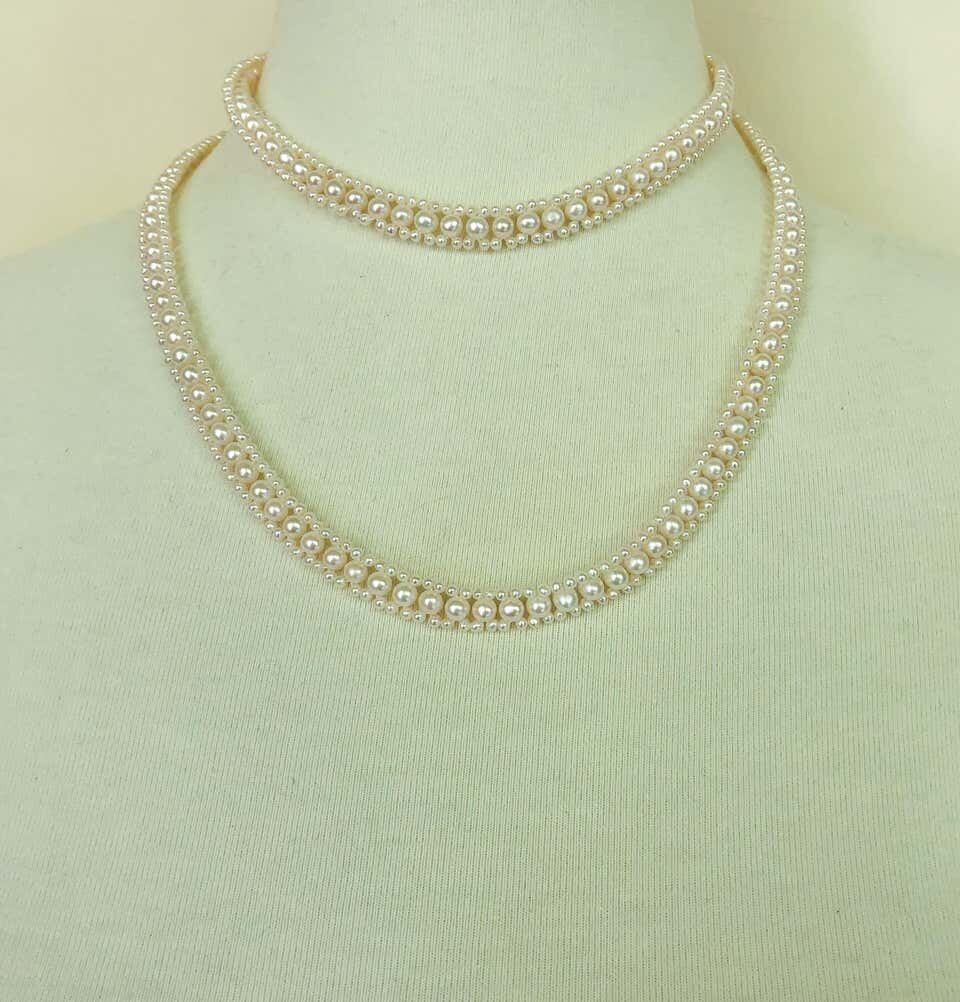 Woven Pearl Necklace with 14k Gold Ring and Removable Pearl Tassel