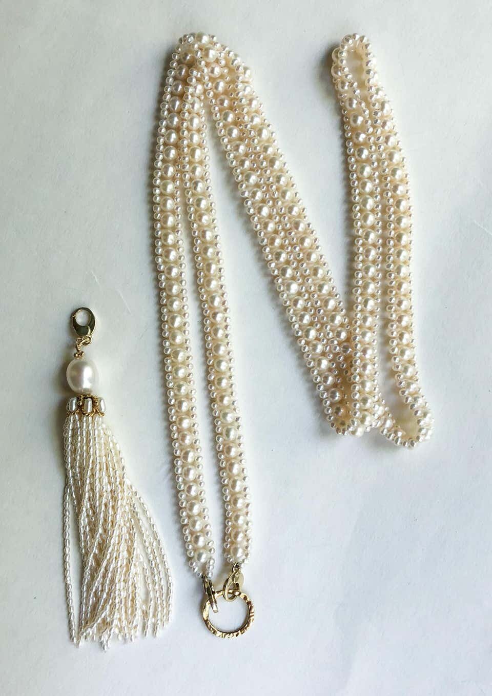 Woven Pearl Necklace with 14k Gold Ring and Removable Pearl Tassel