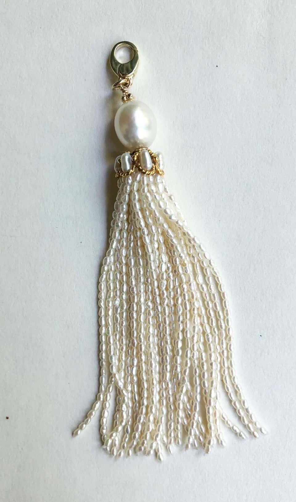 Woven Pearl Necklace with 14k Gold Ring and Removable Pearl Tassel