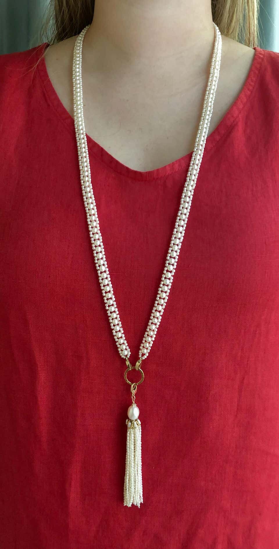 Woven Pearl Necklace with 14k Gold Ring and Removable Pearl Tassel