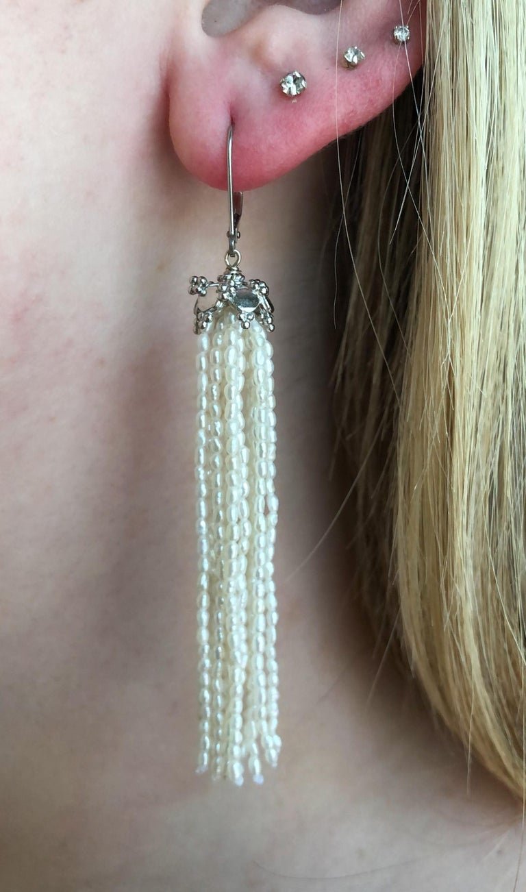 Rice-Shaped Pearl Tassel Earrings with 14 Karat White Gold Lever-Back