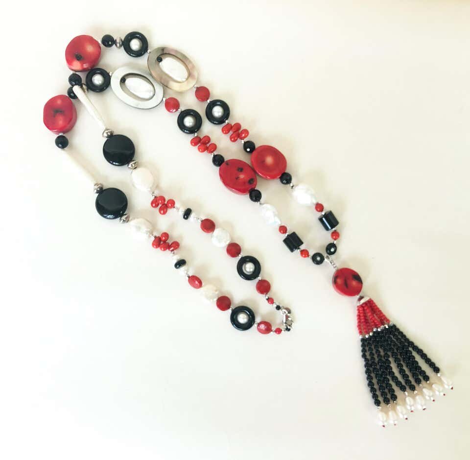 "Art Deco" Sautoir Necklace with Coral, Onyx, Pearl and Tassel
