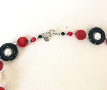 "Art Deco" Sautoir Necklace with Coral, Onyx, Pearl and Tassel
